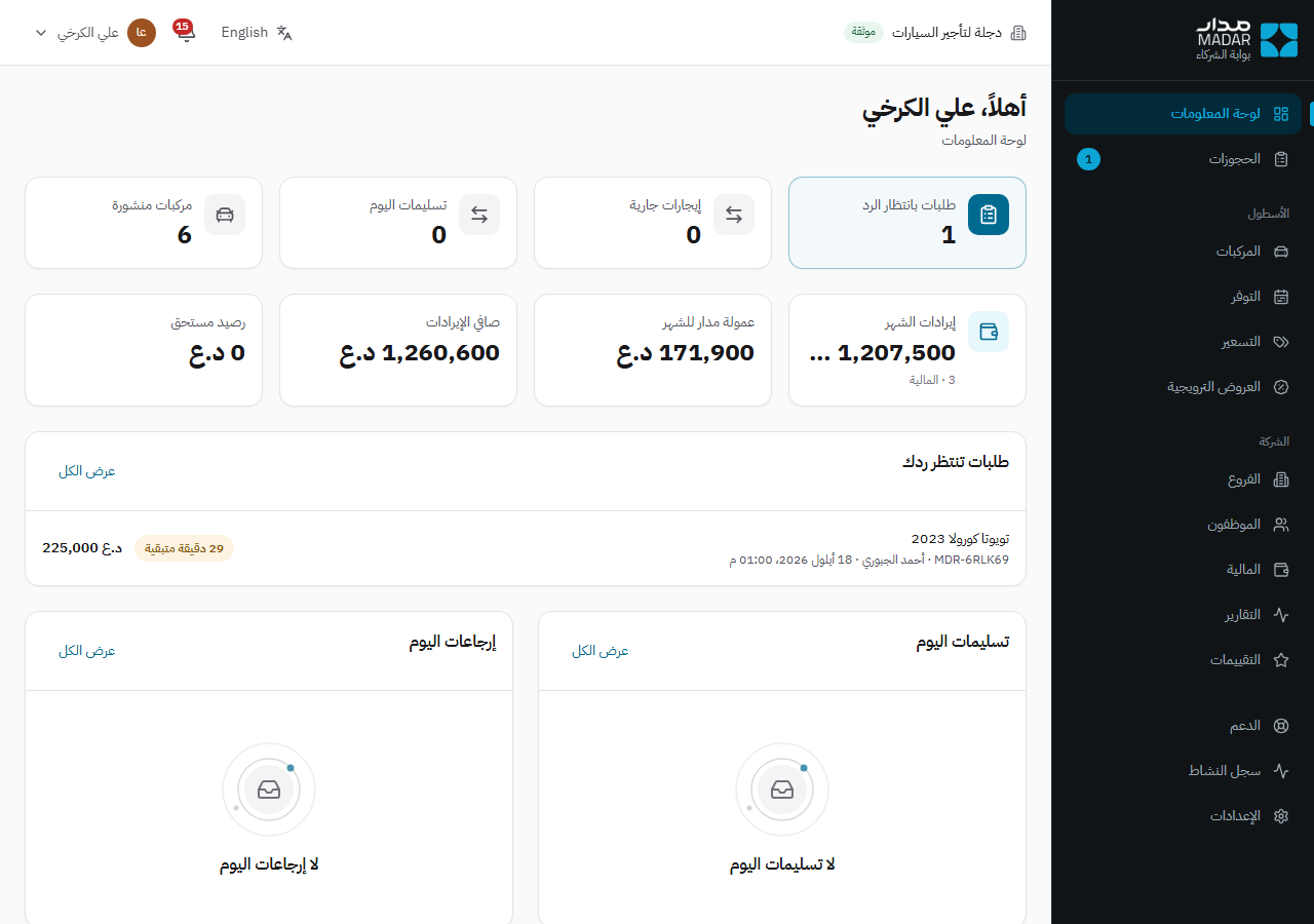 لوحة معلومات بوابة الشركاء في مدار
